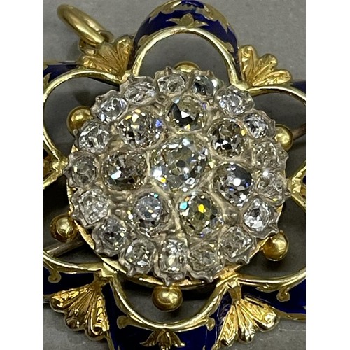 340 - ANTIQUE DIAMOND CLUSTER BROOCH FITTING WITH PENDANT LOOP SURROUNDED BY BLUE ENAMEL 18G