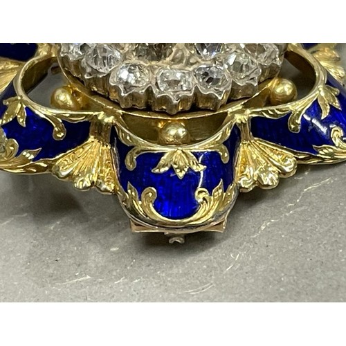 340 - ANTIQUE DIAMOND CLUSTER BROOCH FITTING WITH PENDANT LOOP SURROUNDED BY BLUE ENAMEL 18G