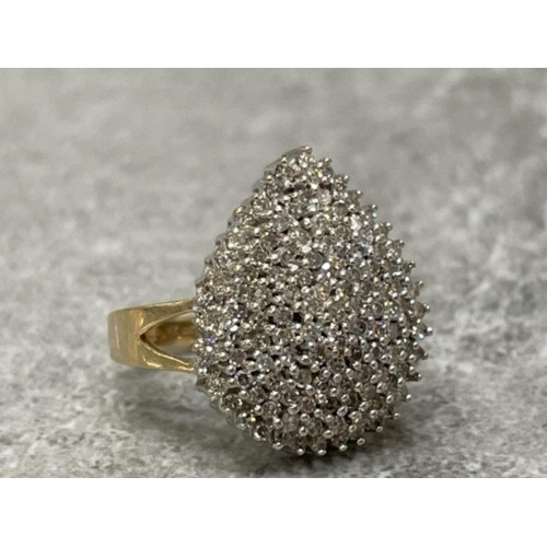 334 - 9CT GOLD DIAMOND PEAR SHAPED CLUSTER RING APPROX 1CT 6.5G SIZE N1/2