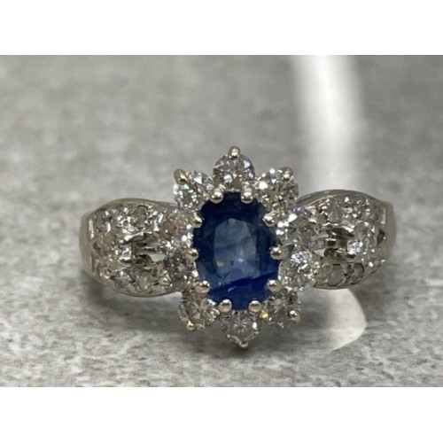 337 - 9CT WHITE GOLD DIAMOND SAPPHIRE CLUSTER RING 3.4G SIZE N