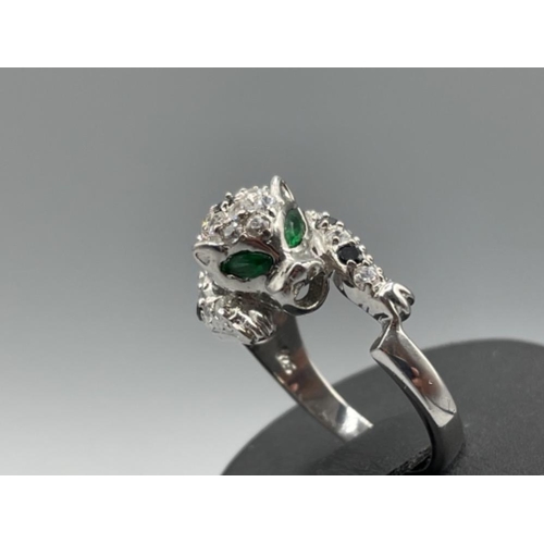 17 - Silver Cartier style panther ring set with semi precious stones 6.7g size N1/2