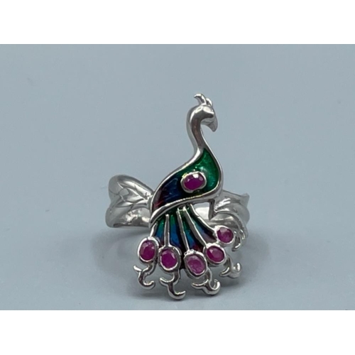 26 - Silver plique a jour and ruby peacock ring size R 5.6g