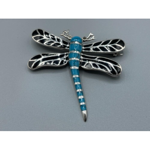 30 - Silver turquoise and enamel set dragonfly brooch