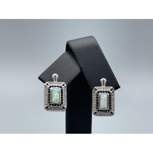 33 - Pair of silver CZ and opal panelled Art Deco style earrings