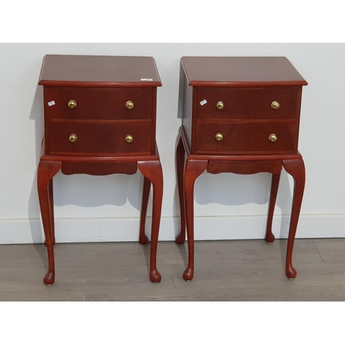 385 - Pair of repro mahogany 2 drawer bedside chests with queen Anne legs and brass effect handles