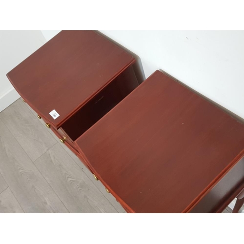 385 - Pair of repro mahogany 2 drawer bedside chests with queen Anne legs and brass effect handles