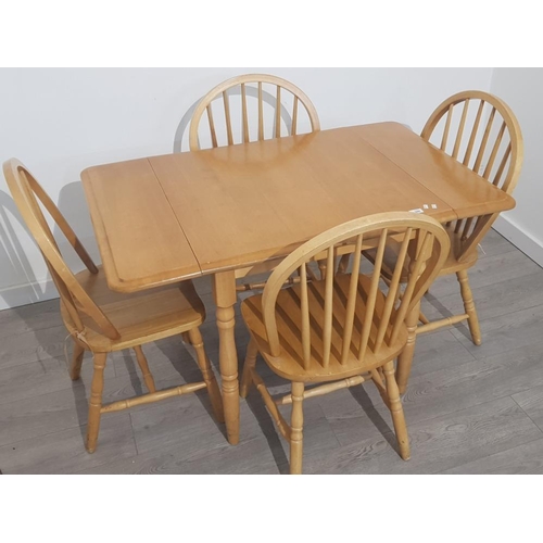 390 - Malaysian rubberwood drop leaf kitchen table and 4 matching Windsor back chairs, 120x76cm