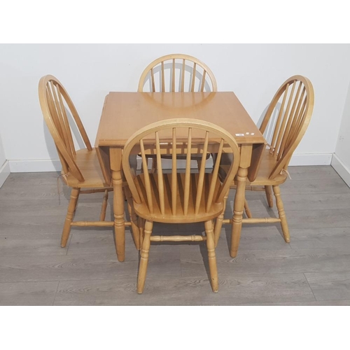 390 - Malaysian rubberwood drop leaf kitchen table and 4 matching Windsor back chairs, 120x76cm