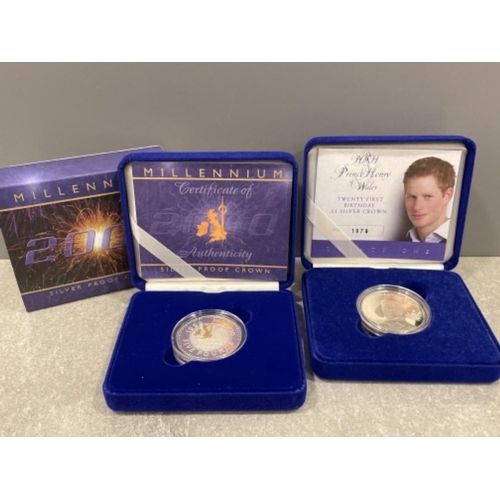 47 - Royal mint silver proof crowns millennium and Prince Harry 21st birthday in original cases