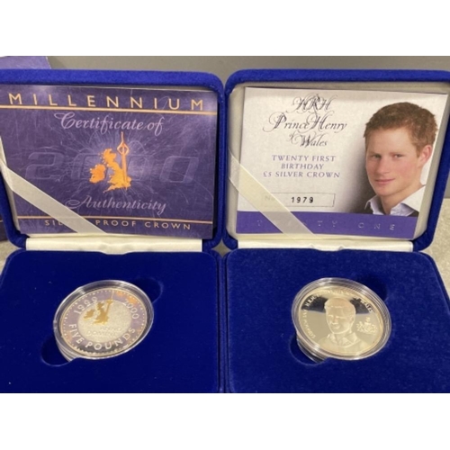 47 - Royal mint silver proof crowns millennium and Prince Harry 21st birthday in original cases