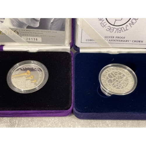 48 - 2 x royal mint silver proof crowns 2006 queens 80th birthday and 2003 coronation jubilee both in ori... 