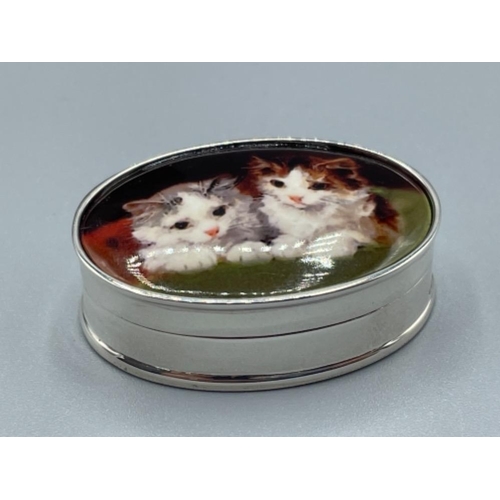 6 - Silver enamel set pill box with kitten image