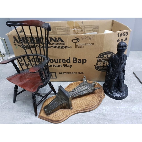 101 - Box of miscellaneous items includes dolls chair, brass religious 3D wall plaque, chalk figure etc
