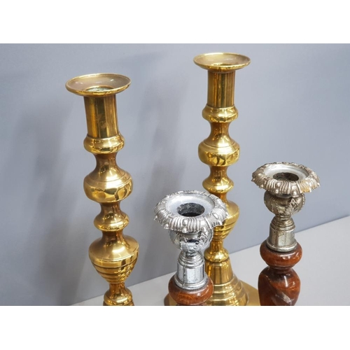 111 - Pair of art deco oak and chrome barley twist candlesticks plus pair of jack of diamonds brass Victor... 