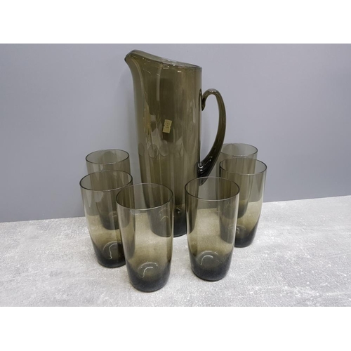 116 - Smoked moss glass 1960s lemonade set of tall jug and 6 glasses