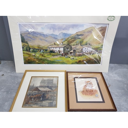 126 - John wood LTD signed print farming the fells 40/695 and 2 framed watercolours by sandracook and E.Bl... 