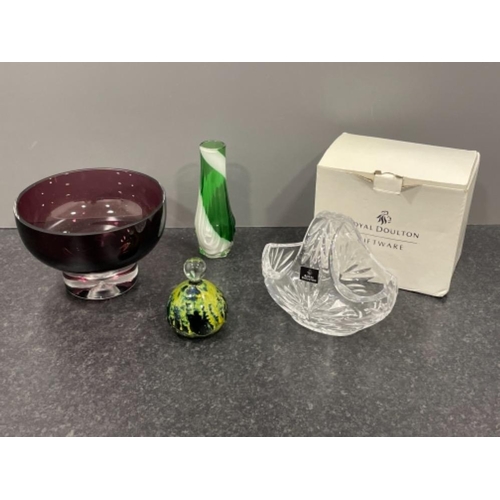 149 - 4 decorative items of glass including Royal Doulton basket, Mdina paperweight and purple bowl