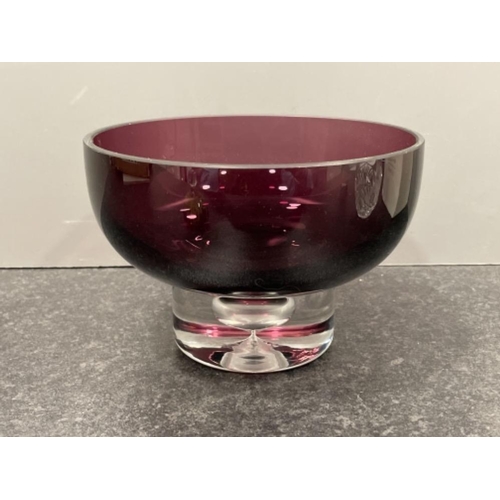 149 - 4 decorative items of glass including Royal Doulton basket, Mdina paperweight and purple bowl