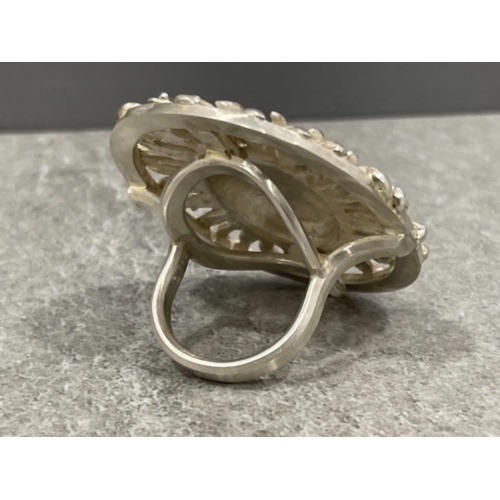156 - Very large handmade silver Medusa head ring. Size S 52.3G