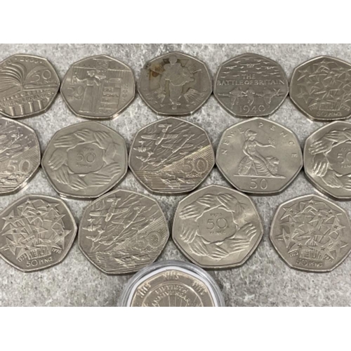 20 - 15 x 50p various coins including NHS Battle of Britain and more