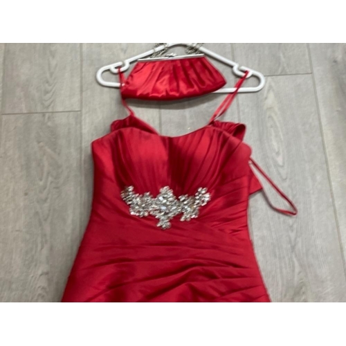 208 - Beautifully made Ronald Joyce red evening dress with design matching bag. Size 10