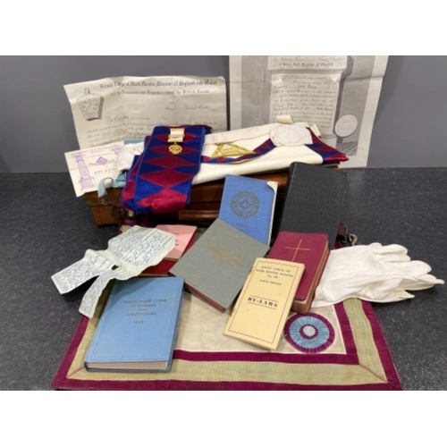 64 - Masonic Case containing aprons books gloves etc