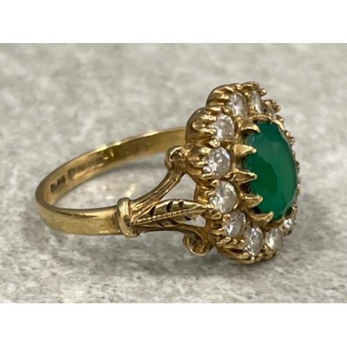 74 - Ladies 9ct gold green and white stone cluster ring. 3.1g size O