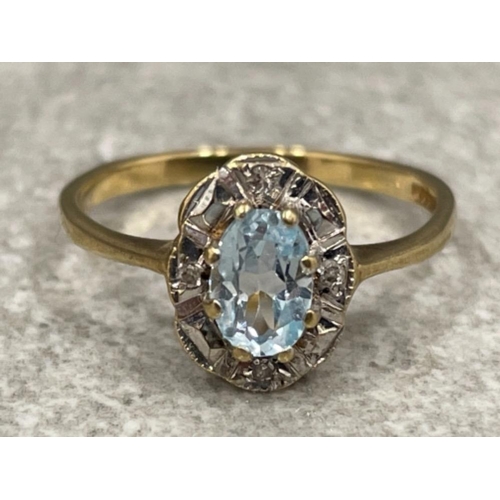 78 - Ladies 9ct gold blue stone diamond cluster ring. 1.6g size L