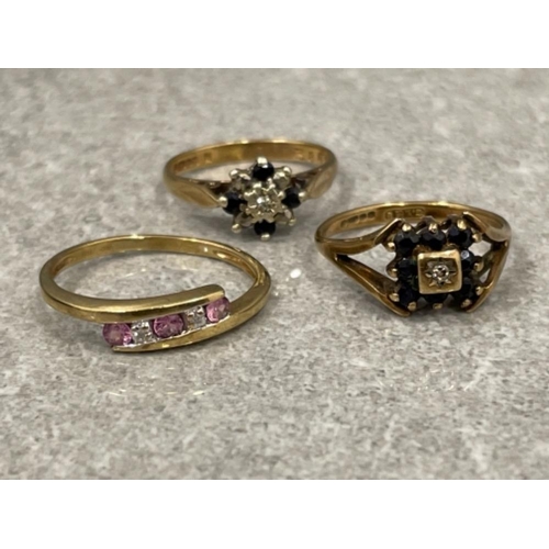 84 - 3 x ladies 9ct gold diamond set rings. 6.1g