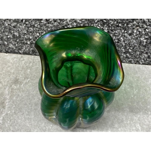 109 - Loetz Kralik iridescent green lobed vase necked with quatrefoil fluted top, height 11cms