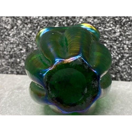 109 - Loetz Kralik iridescent green lobed vase necked with quatrefoil fluted top, height 11cms