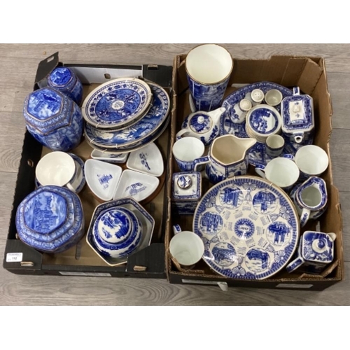 112 - Two boxes of Ringtons blue and white china including ginger jars tea caddies etc