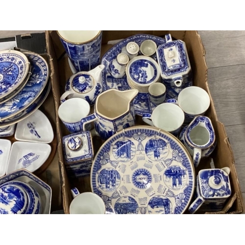 112 - Two boxes of Ringtons blue and white china including ginger jars tea caddies etc