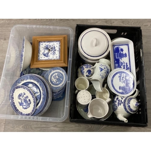 113 - Two boxes of willow pattern china by Hornsea, Barretts of Staffordshire, Royal Winton etc