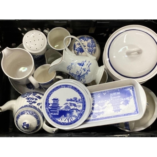 113 - Two boxes of willow pattern china by Hornsea, Barretts of Staffordshire, Royal Winton etc