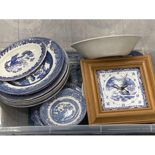 113 - Two boxes of willow pattern china by Hornsea, Barretts of Staffordshire, Royal Winton etc