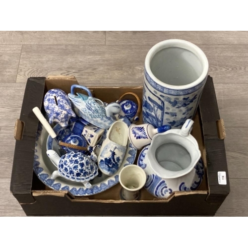 114 - A Chinese blue and white stick stand, delftware, piggy bank etc