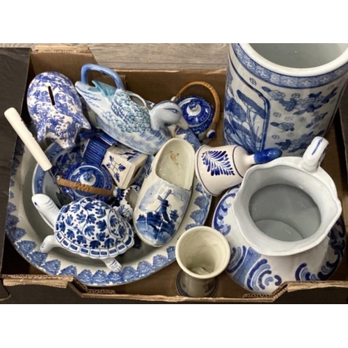 114 - A Chinese blue and white stick stand, delftware, piggy bank etc