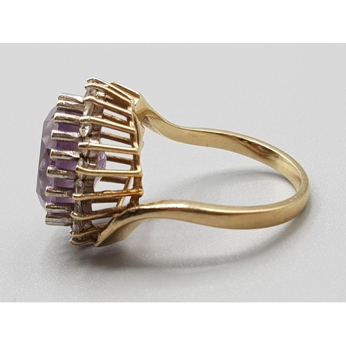 208 - Ladies 9ct yellow gold amethyst & cubic zirconia cluster ring, featuring a oval purple stone set in ... 