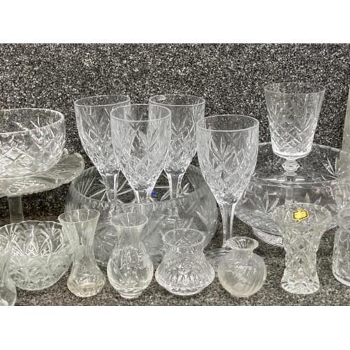 223 - Cut glassware to include four wine glasses by Galway, fruit bowls, tazza etc