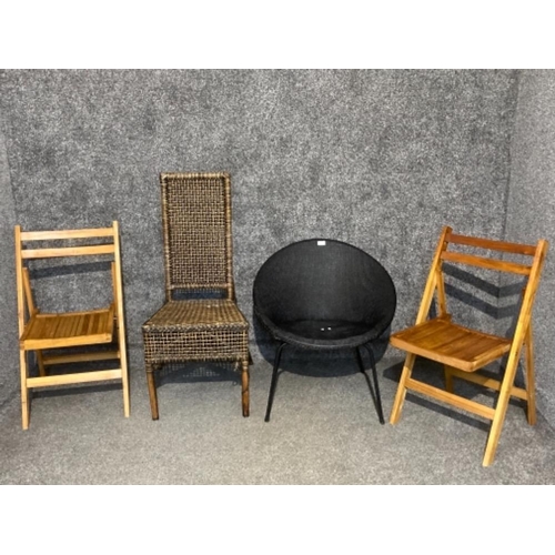 401 - Four chairs to include a rattan dining chair, two folding teak and tub chair