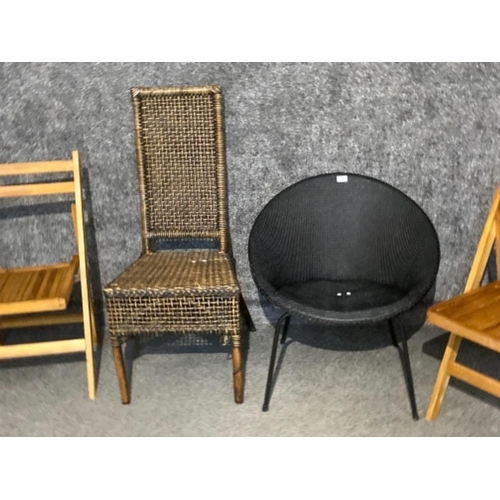 401 - Four chairs to include a rattan dining chair, two folding teak and tub chair