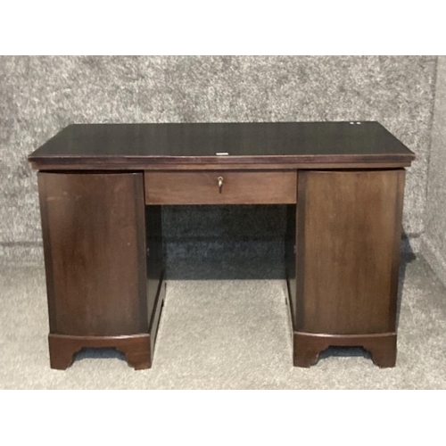 402 - A stained solid oak pedestal solicitors desk with key