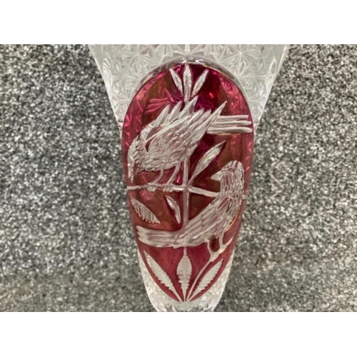 61 - An antique pressed glass in HOFBAUER vase with (red bird) Byrde pattern.