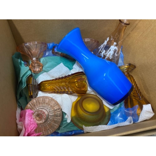 66 - 3 boxes of miscellaneous China & glassware including pink part dressing table set, amber glass etc