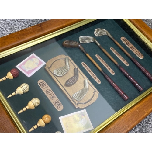 7 - Mahogany glass display fronted hanging cabinet, with golfing themed display