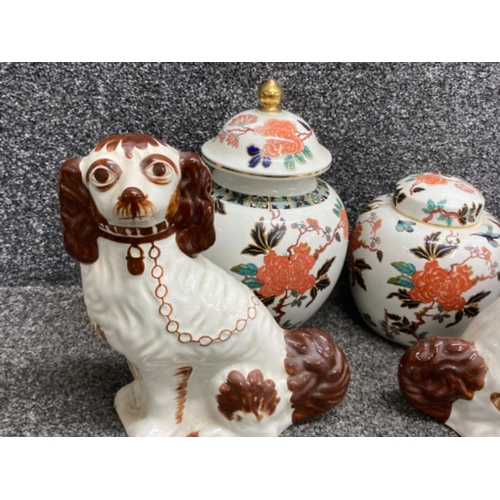 76 - James Kent old foley ginger jar & lidded vase plus a pair of Staffordshire style dogs