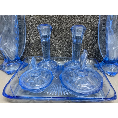 80 - Vintage 7 piece blue glass dressing table set