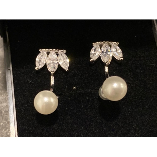 109 - 3 pairs of silver 925 earrings, including square, hooped with five drops & cz with pearls earrings