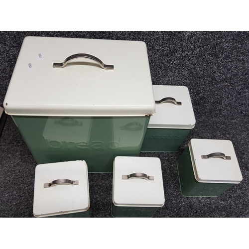 11 - Vintage enamelled kitchen storage set, includes Bread, Biscuits, Sugar, Coffee & Tea containers